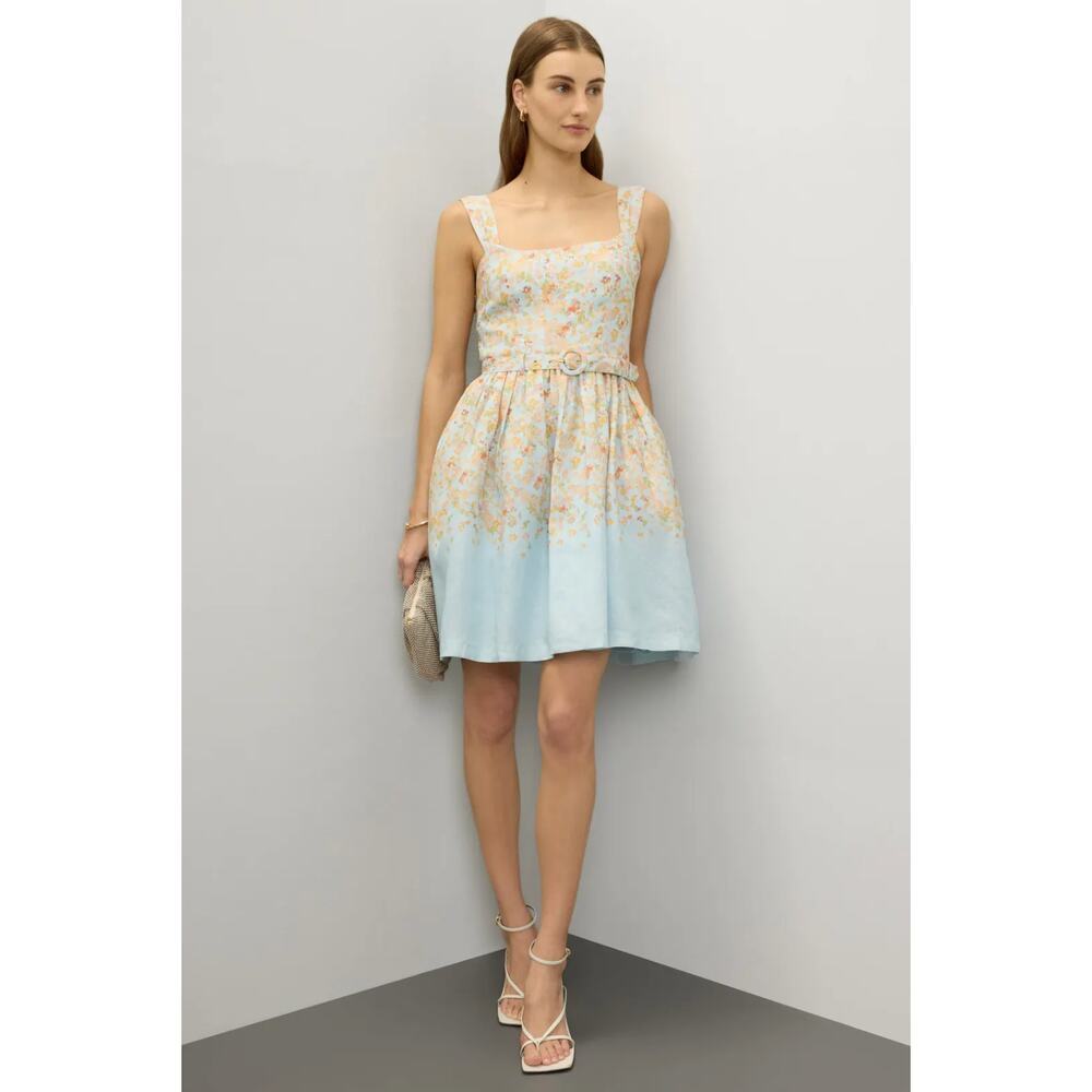 Peter Som Blue Floral Belted Dress Midi A-Line Short Sleeve Sz 4
